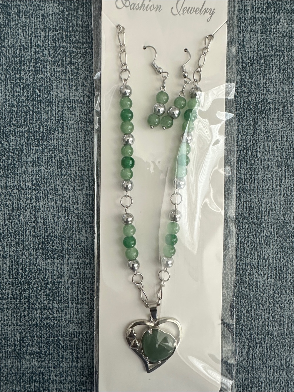 New Green Beaded Necklace with Heart Pendant and Matching Earrings
